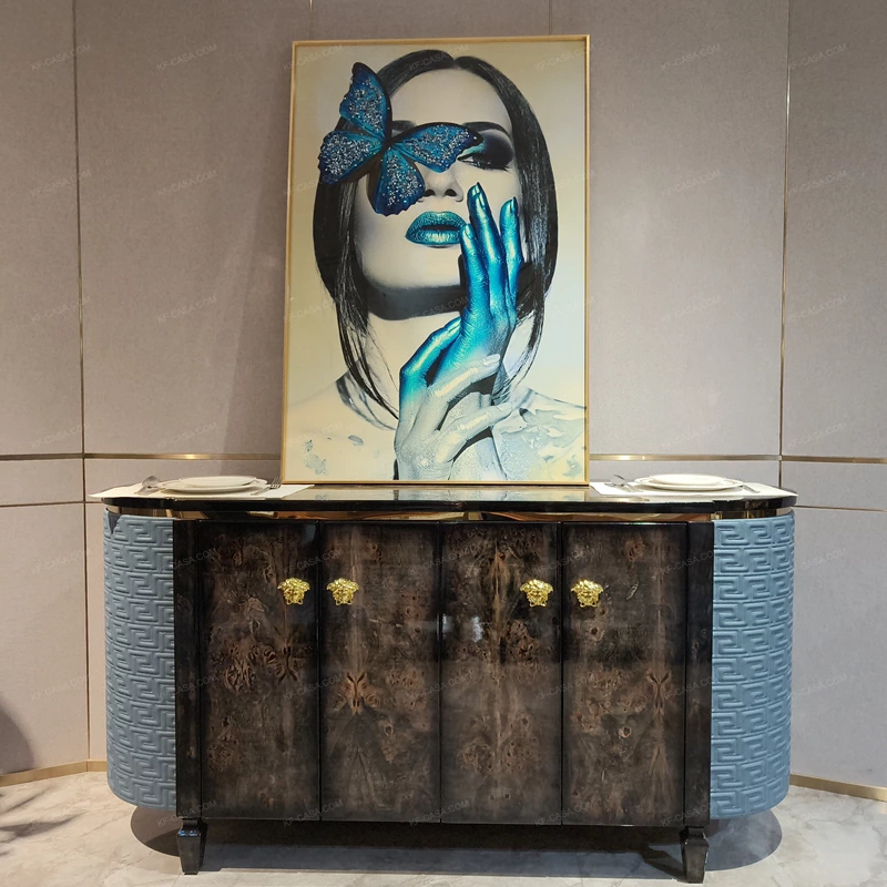 Statement Sideboard Cabinet with Dark Natural Wood Veneer Blue Embossed Side Panels and Gold-Tone Hardware
